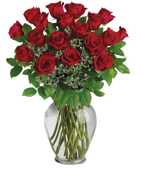 One dozen long stemmed red roses in a clear glass vase.