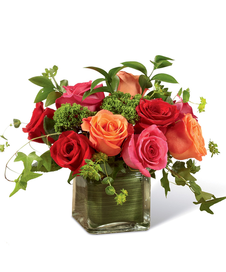 Hot pink, orange and red roses in a leaf-lined cube vase.