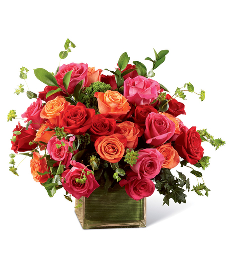 Hot pink, orange and red roses in a leaf-lined cube vase.