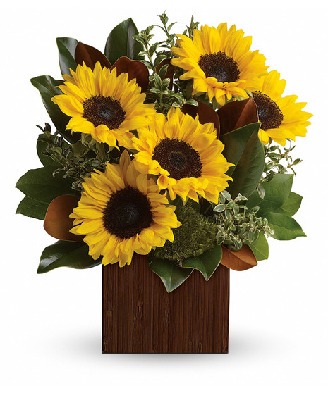 Sunflowers and greenery in a bamboo cube vase. 