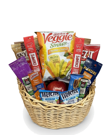 Gift basket filled with candy bars, chips, nuts, crackers, chewing gum, cookies, candy, and more.