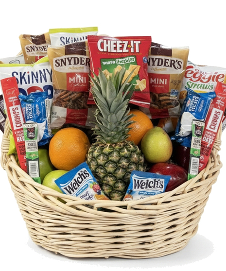Gift basket filled with candy bars, chips, nuts, crackers, chewing gum, cookies, candy, and more.