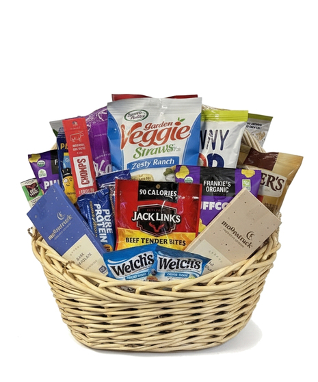 Gift basket filled with candy bars, chips, nuts, crackers, chewing gum, cookies, candy, and more.
