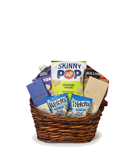 Gift basket filled with candy bars, chips, nuts, crackers, chewing gum, cookies, candy, and more.