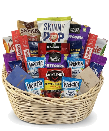 Gift basket filled with candy bars, chips, nuts, crackers, chewing gum, cookies, candy, and more.